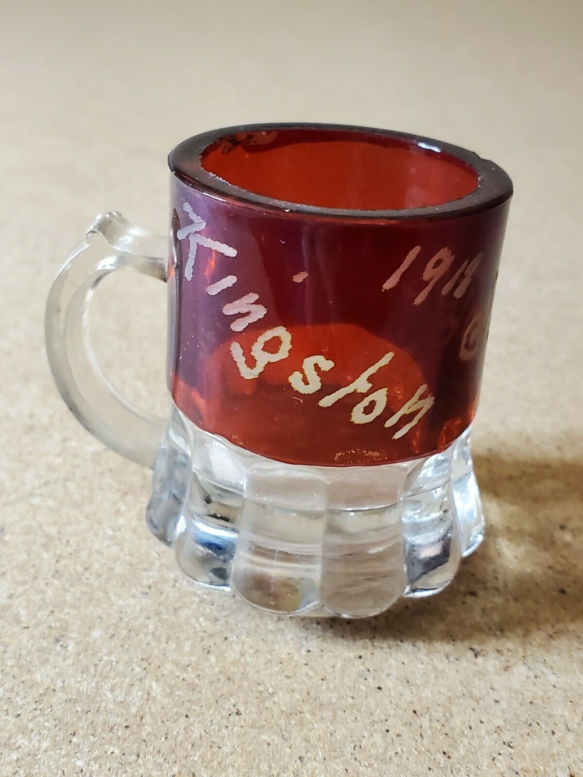 1912 Kingston Fair Ruby Red Clear Glass Miniature Souvenir Mug As Found 2''t
