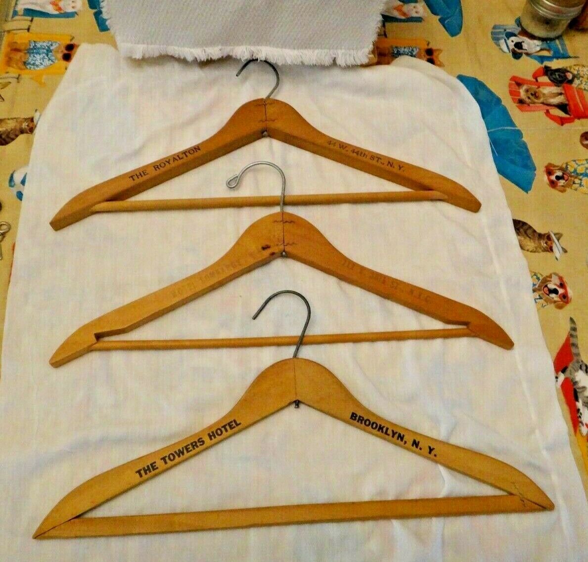 Vintage Lot Of 3 Wooden Wood Advertising Nyc Hotel Clothes Hangers