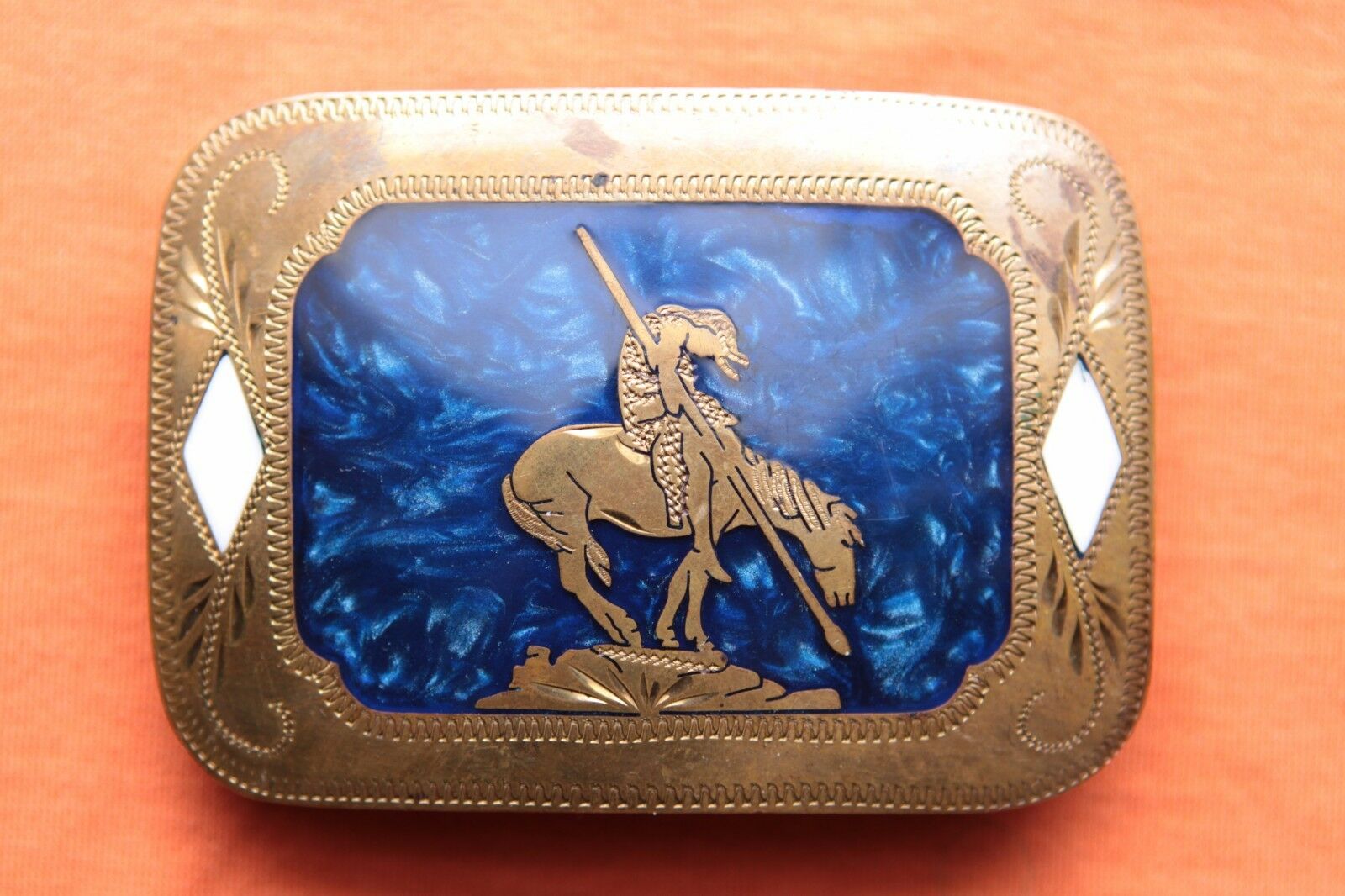 Vtg Johnson Held Mother Of Pearl Inlay Indian Horse Rodeo Western Belt Buckle