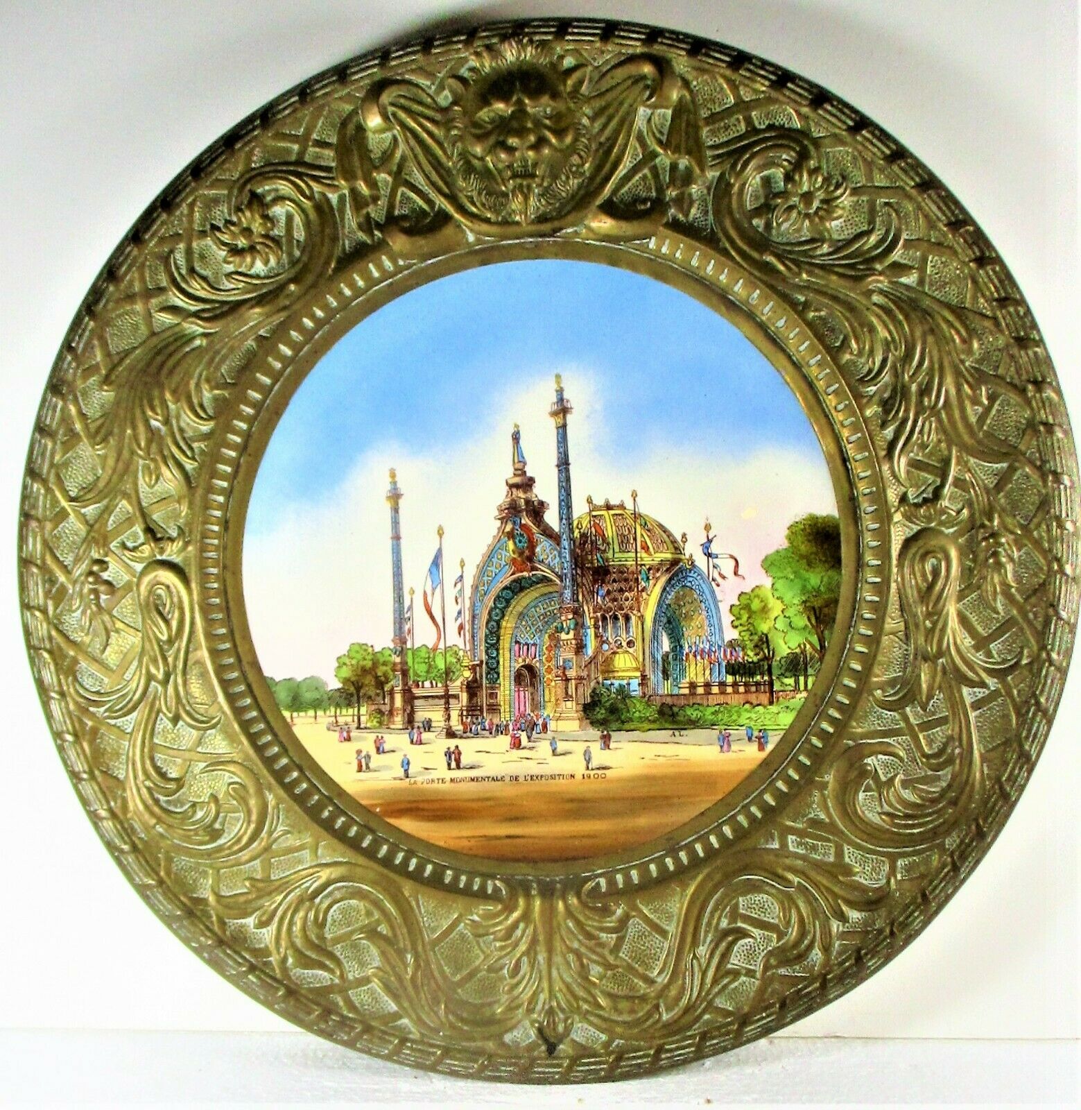 Scarce Exposition 1900 Paris La Porte Monumentale Faience Platter In Metal Frame