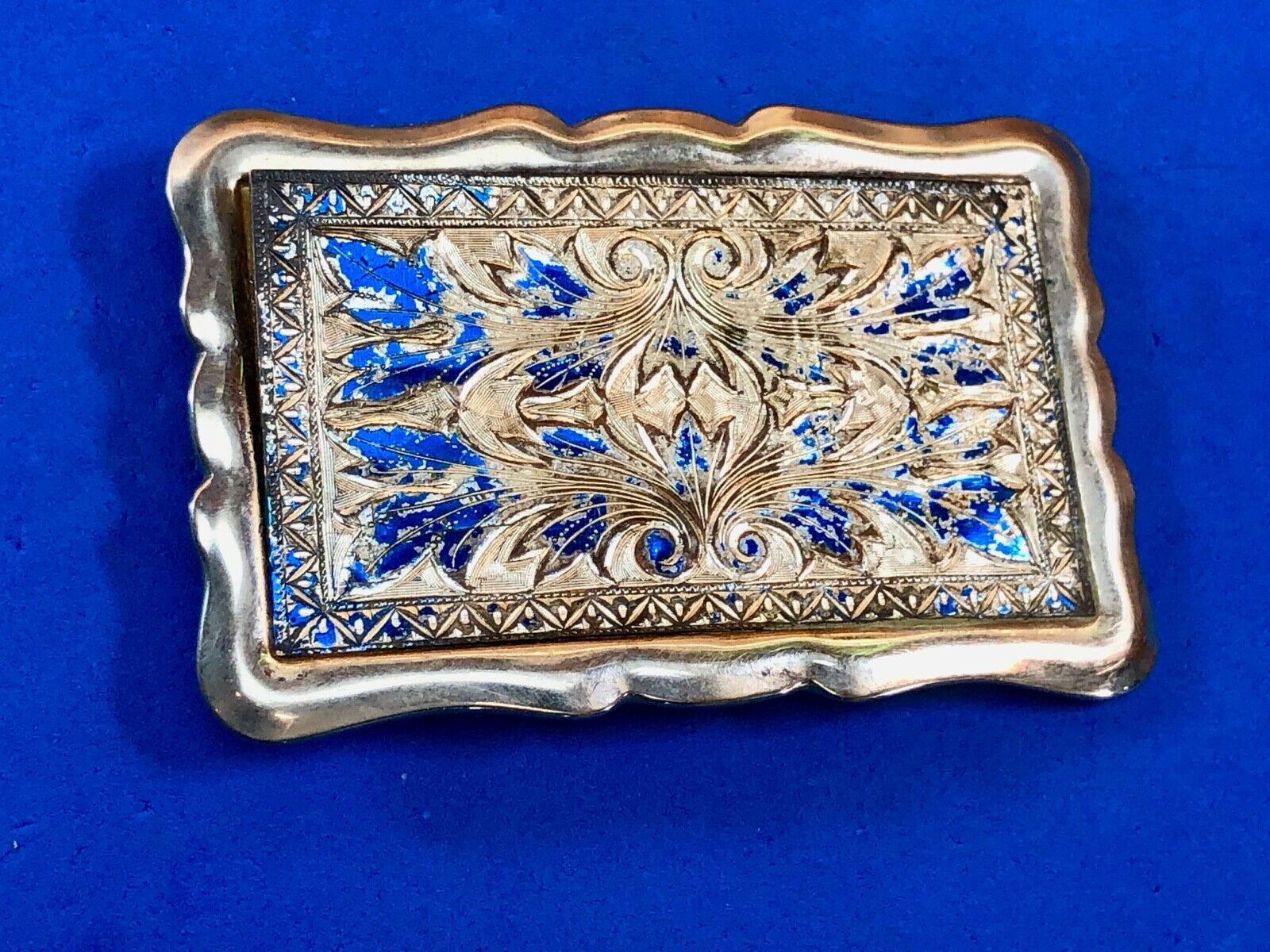 Western Silver Tone With Blue Paint Etched Flower Pattern Belt Buckle
