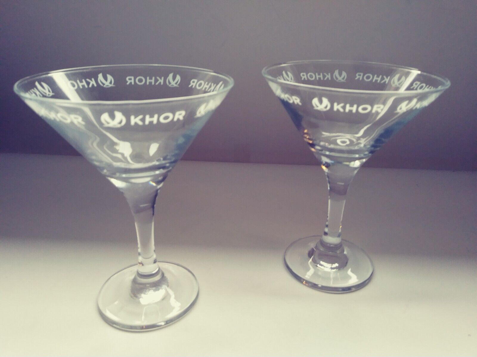 Set Of 2 ~khor Vodka 5 Oz Martini Glasses W/ White Logo  Excellent Condition