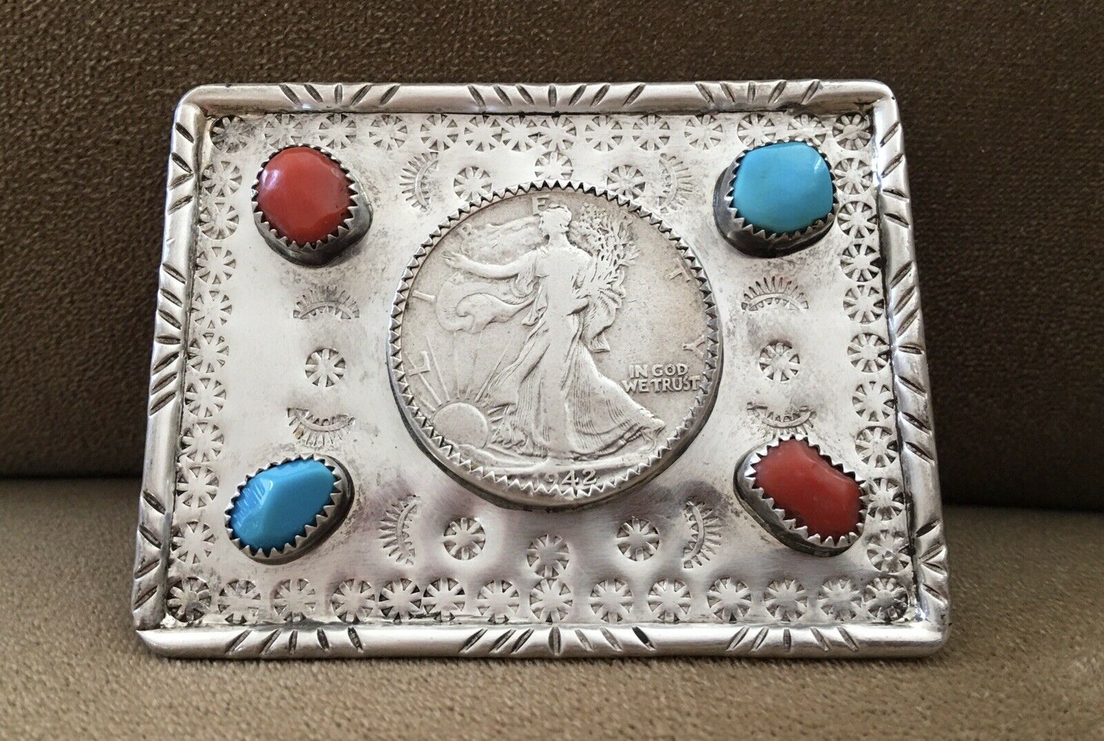 🇺🇸 Old West American 1942 Liberty Coin Sterling Silver & Turquoise Belt Buckle