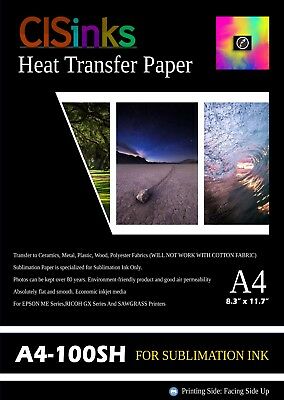 100 Sheets A4 (8.27" X 11.7") Sublimation Ink Heat Transfer Paper Inkjet Printer