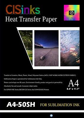 50 Sheets A4 (8.27" X 11.7") Sublimation Ink Heat Transfer Paper Inkjet Printer
